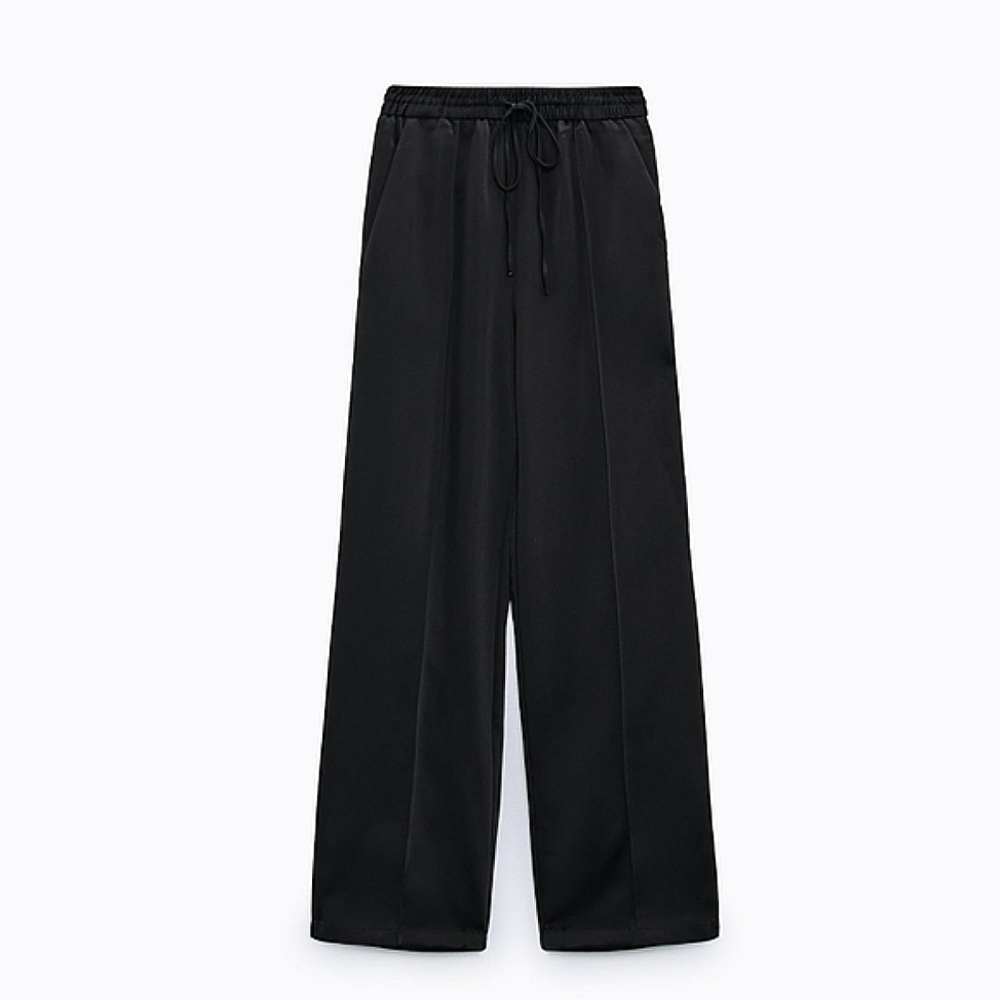 Zara Straight Wide Fit Pants Black Pintuck - Picture 6 of 10